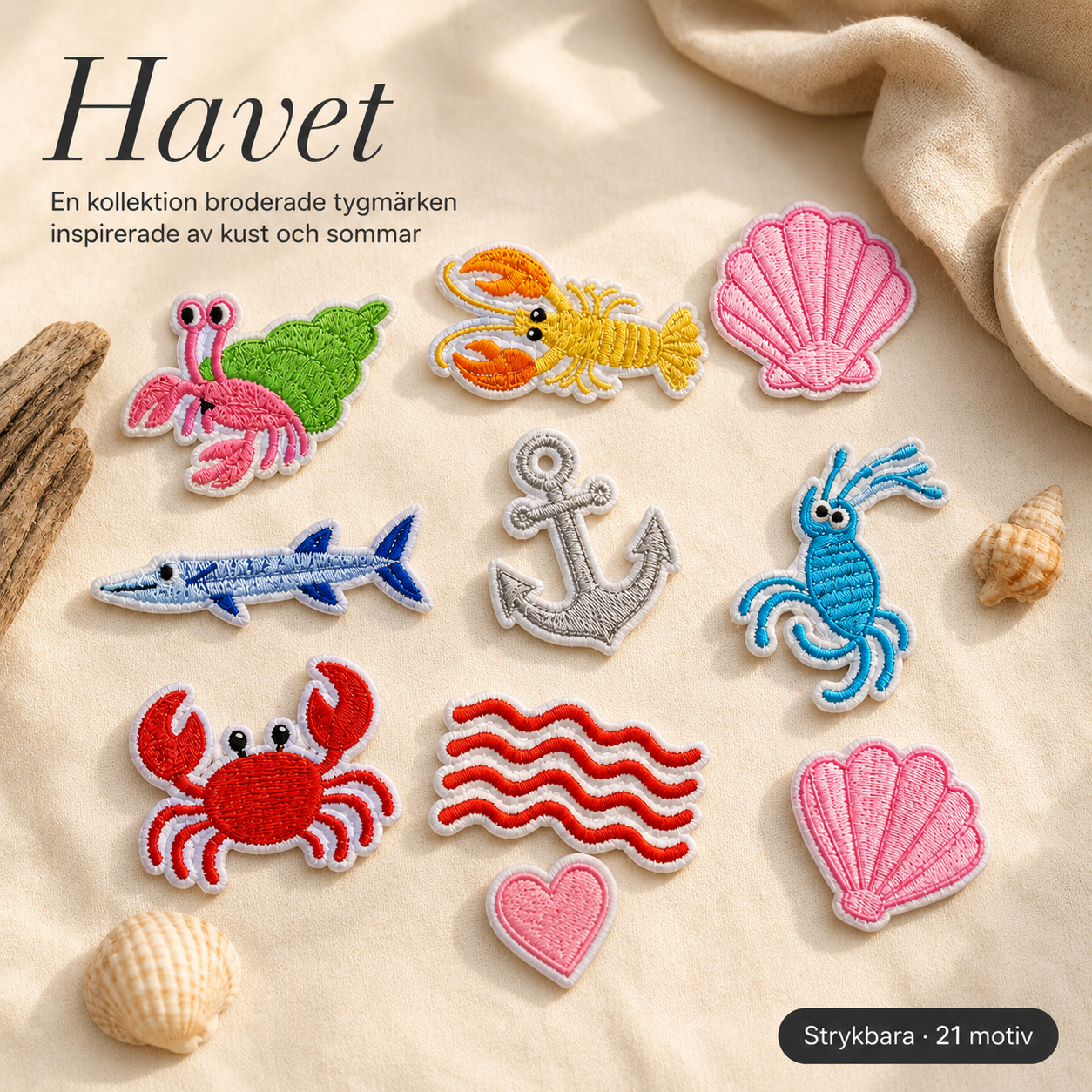 Havet-pakken 21 stk strykemerker – broderte tøymerker