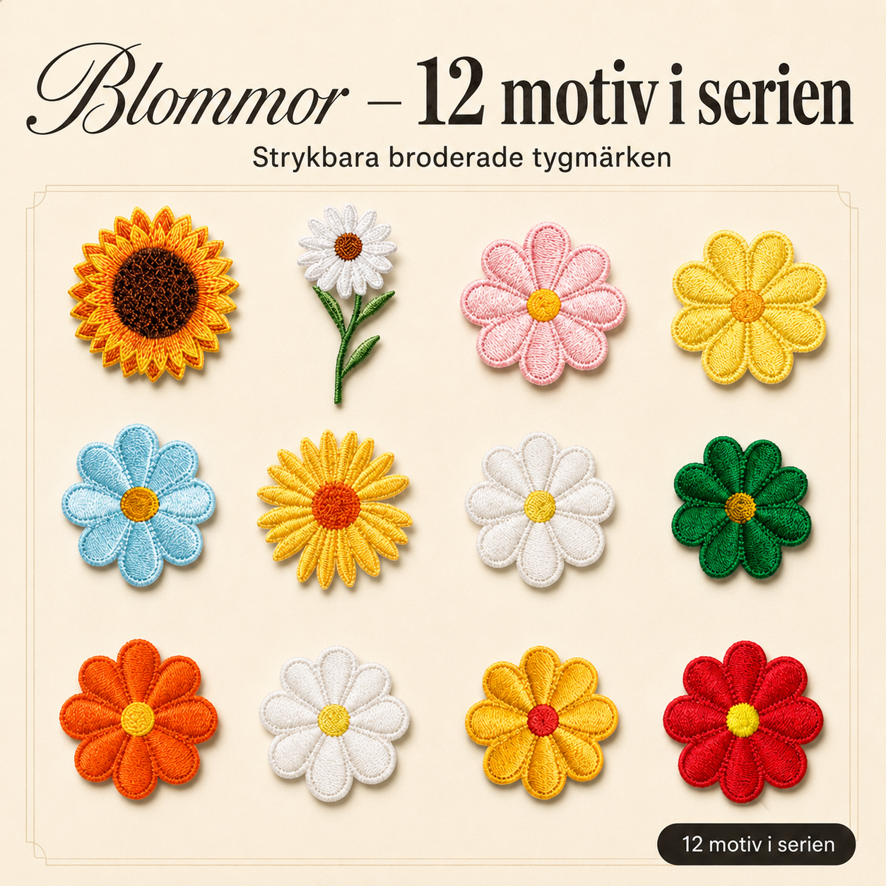 Blomsterpakken 12 stk strykemerker – broderte tøymerker