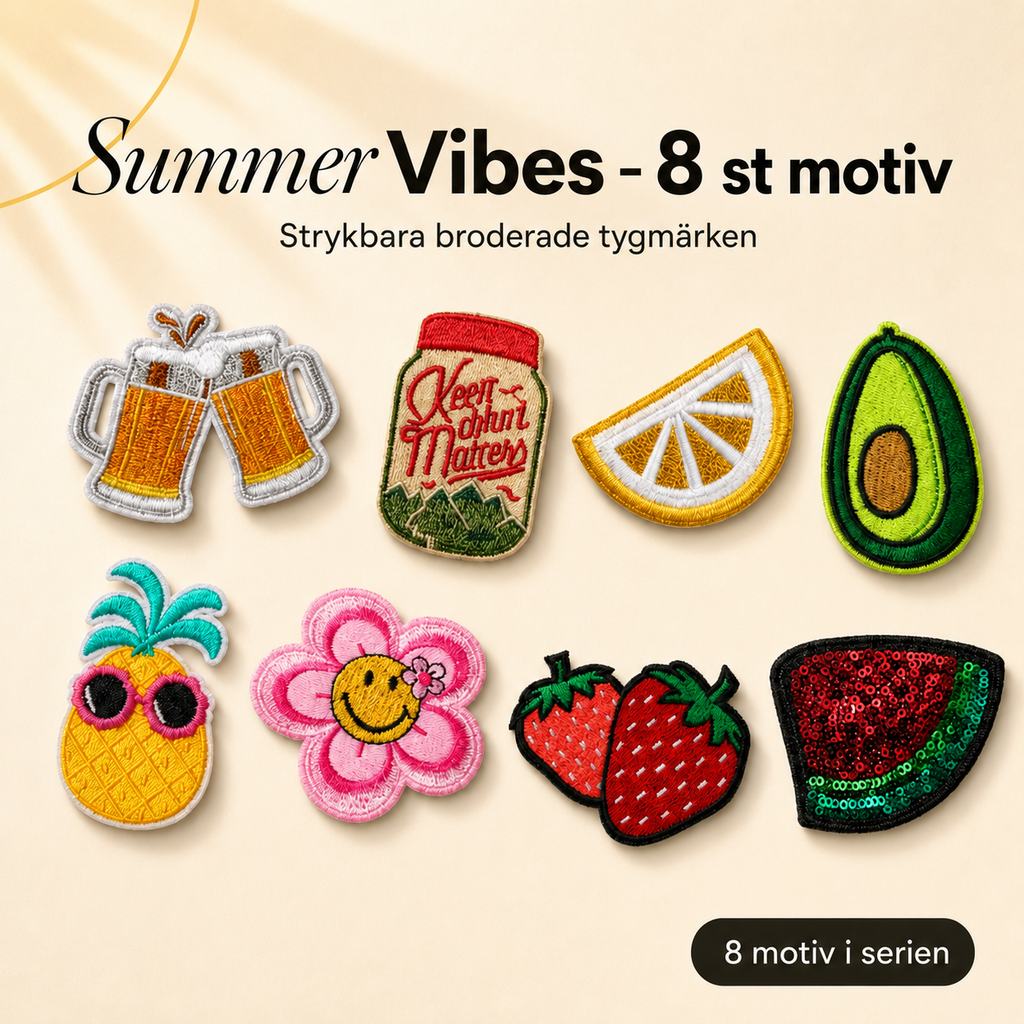 Summer vibes-pakken 8 stk strykemerker – broderte tøymerker