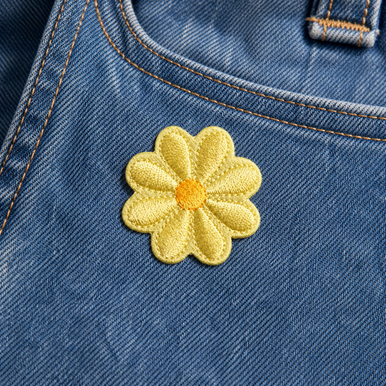 Blomst Solgul - Strykbart tøymerke