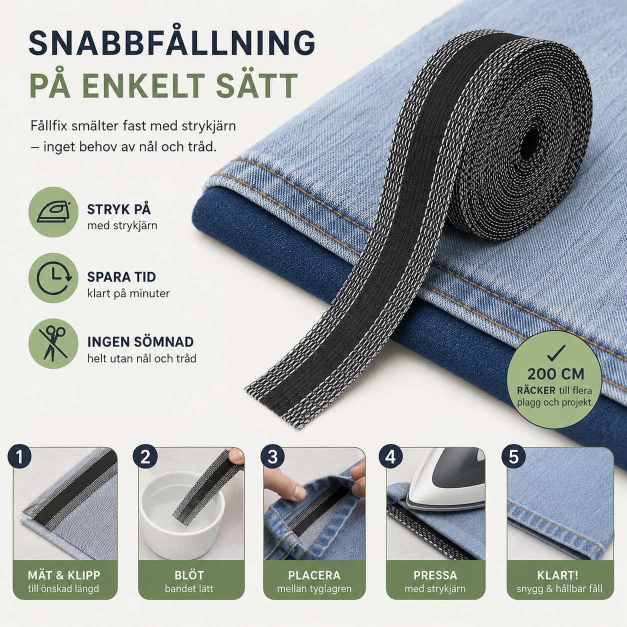 Oppleggsbånd for bukser og gardiner – strykbart, 2 meter