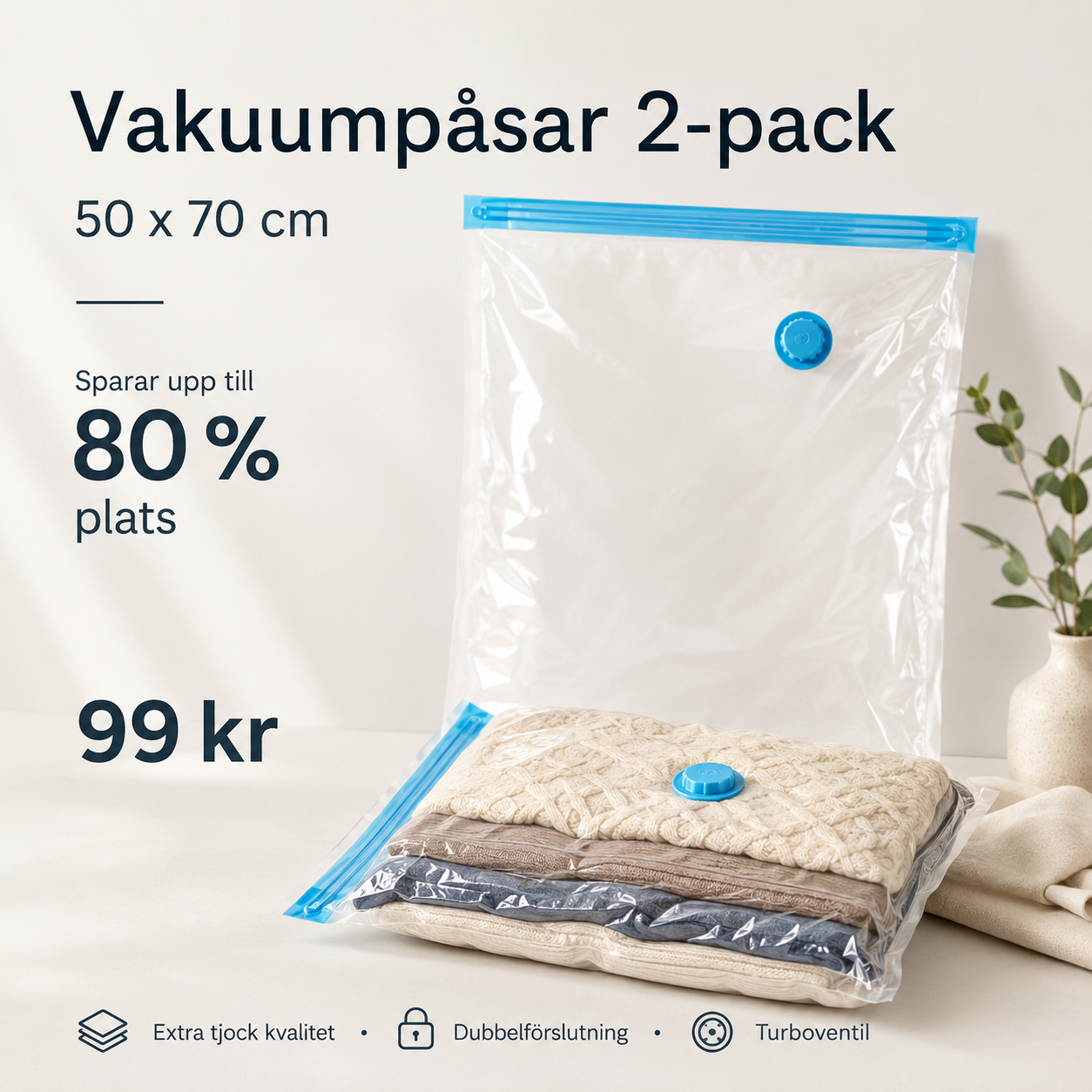 Vakuumposer for klær og tekstiler – 50×70 cm, 2-pakk