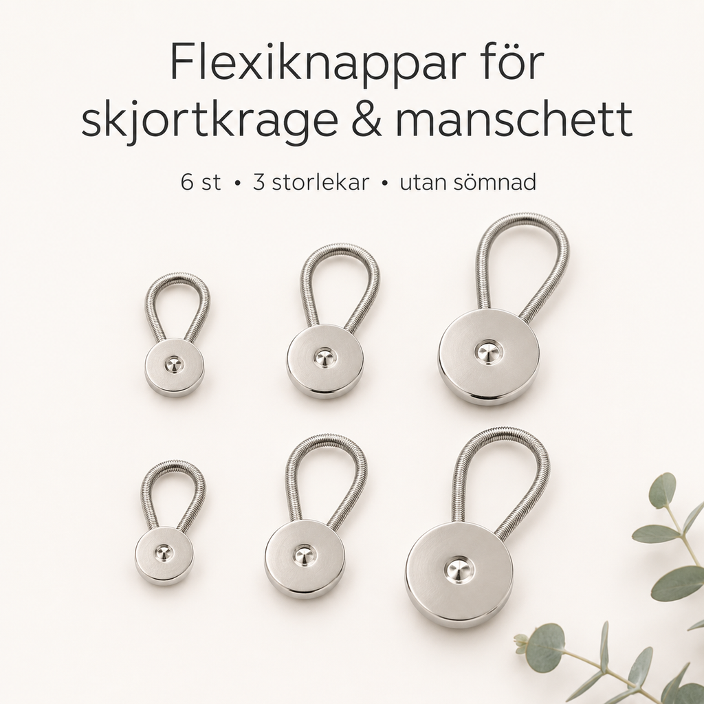 Fleksiknapper 6-pakk – mer plass i krage, mansjett og livvidde