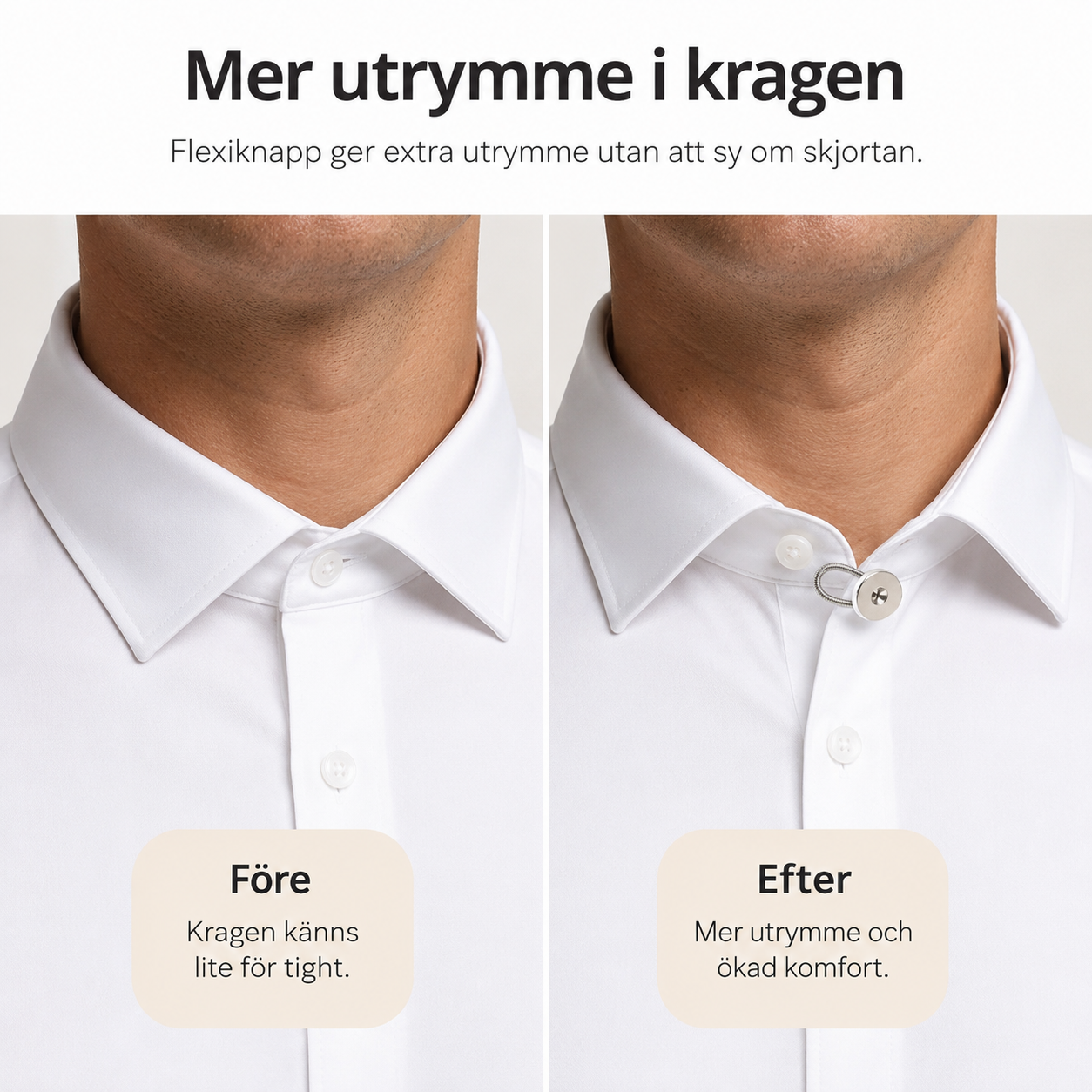 Fleksiknapper 6-pakk – mer plass i krage, mansjett og livvidde