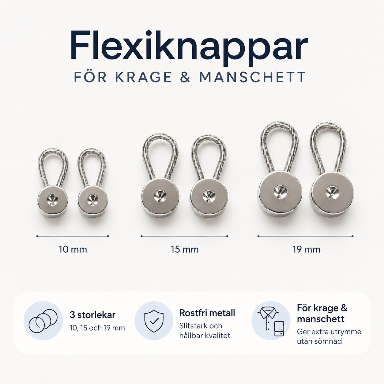 Fleksiknapper 6-pakk – mer plass i krage, mansjett og livvidde