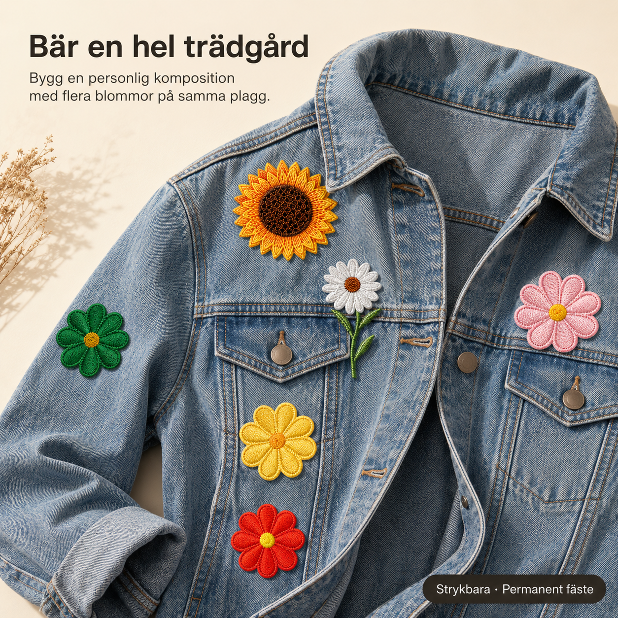 Blomsterpakken 12 stk strykemerker – broderte tøymerker