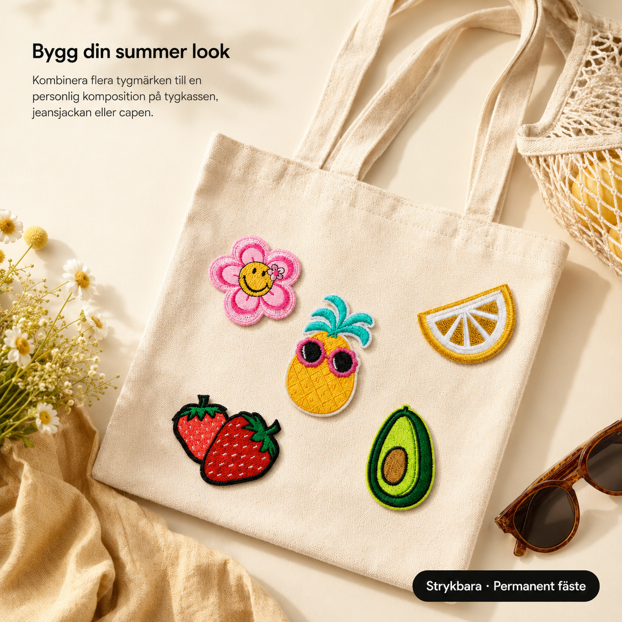 Summer vibes-pakken 8 stk strykemerker – broderte tøymerker